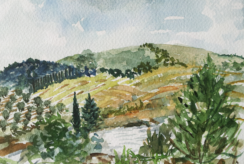 View from Fattoria Voltrona Tuscany countryside watercolor painting by April Lombardi